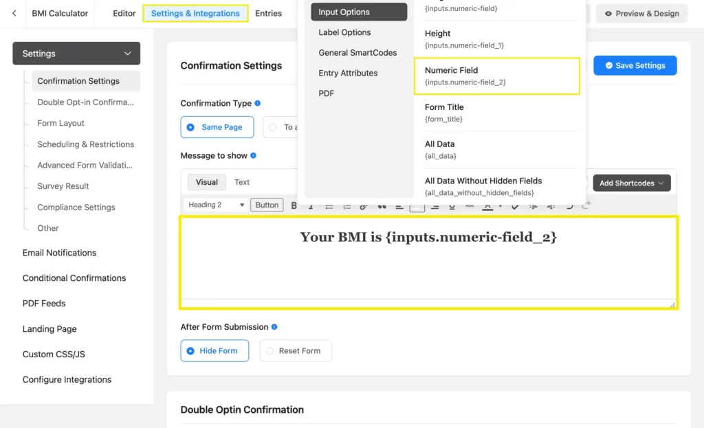 Customizing the confirmation message to show calculated BMI